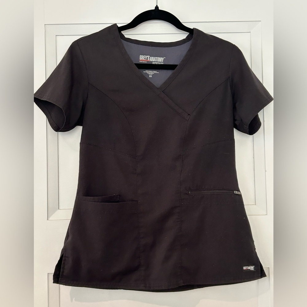 Greys Anatomy Scrub Top XS Black Wrap Style Stretch Medical Nurse